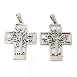 201 Stainless Steel Pendants, Laser Cut, Cross with Tree of Life Charm, Stainless Steel Color, 34x26x1mm, Hole: 7x3.5mm(STAS-Q245-02P)