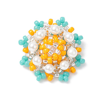 Loom Pattern Glass Seed Beads, with Shell Pearl Beaded, Flower Pendant, Gold, 21x21x8.5mm, Hole: 0.8mm