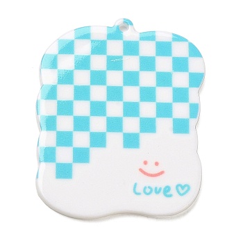 Acrylic Pendants, Checkerboard with Rectangle, Cyan, 44x36x2mm, Hole: 1.8mm