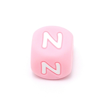 Silicone Alphabet Beads for Bracelet or Necklace Making, Letter Style, Pink Cube, Letter.N, 12x12x12mm, Hole: 3mm