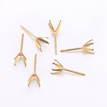 304 Stainless Steel Prong Earring Settings, Stud Earring Findings, Golden, Tray: 6x6mm, Pin: 0.8mm