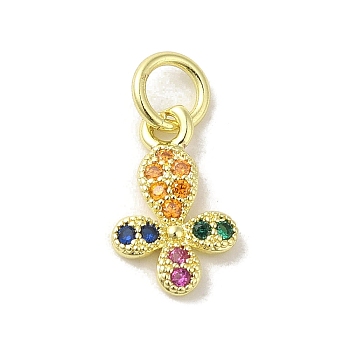 Brass Micro Pave Cubic Zirconia Charms, Real 18K Gold Plated, Cross Charms, Colorful, 11.5x7x1.5mm, Hole: 3mm