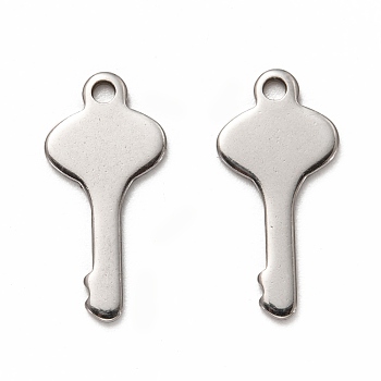 201 Stainless Steel Pendants, Key, Stainless Steel Color, 23x11x1mm, Hole: 1.8mm