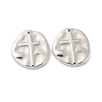 304 Stainless Steel Pendants, Irregular Flat Round with Cross Charm, Stainless Steel Color, 19.5x18x3mm, Hole: 1mm