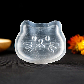 Natural Selenite Carved Cat Healing Figurines, Reiki Stones Statues for Energy Balancing Meditation Therapy, White, 52x64x12mm