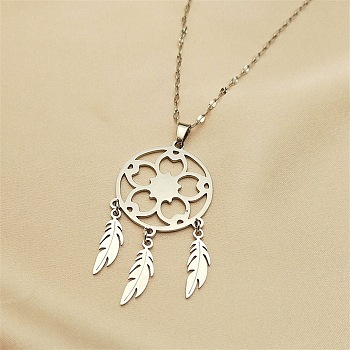 Woven Net/Web with Feather 304 Stainless Steel Pendant Necklaces for Women, Stainless Steel Color, 15.98 inch(40.6cm)