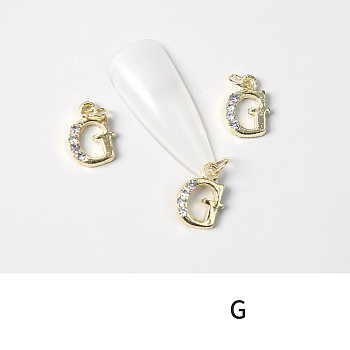 Alloy Rhinestone Cabochons, Nail Art Decoration Accessories, with Jump Ring, Letter, Golden, Letter.G, 11~14x5~12mm
