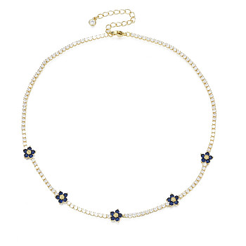 Cubic Zirconia Classic Tennis Necklace with Flower Links, Golden Brass Jewelry for Women, Dark Blue, 14.37 inch(36.5cm)