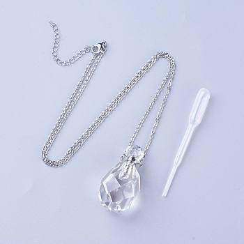 Natural Quartz Crystal Openable Perfume Bottle Pendant Necklaces, with 304 Stainless Steel Cable Chain and Plastic Dropper, Bottle, Size: about 34~40 long, 15~20mm wide