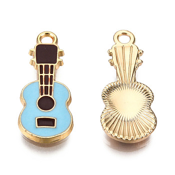 Eco-Friendly Zinc Alloy Pendants, with Enamel, Cadmium Free & Nickel Free & Lead Free, Guitar Shape, Light Gold, Light Sky Blue, 23x9x2mm, Hole: 2mm