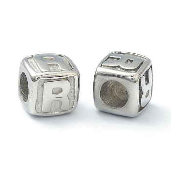 304 Stainless Steel European Beads, Large Hole Beads, Horizontal Hole, Cube with Letter, Stainless Steel Color, Letter.R, 8x8x8mm, Hole: 4mm