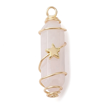 Natural Rose Quartz Copper Wire Wrapped Pointed Pendants, Faceted Bullet Charms with Golden Tone Brass Star Beads, 34.5~37x10.5x12mm, Hole: 2.7mm