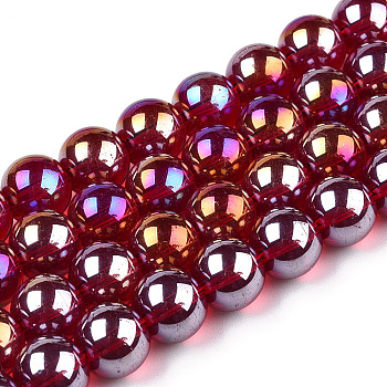 Electroplate Transparent Glass Beads Strands, AB Color Plated, Round, FireBrick, 9.5~10mm, Hole: 1.5mm, about 40~42pcs/strand, 14.76~15.12 inch(37.5~38.4cm)