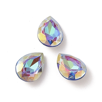 Glass Rhinestone Cabochons, Flat Back & Back Plated, Faceted, Teardrop, Bermuda Blue, 14x10x5.5mm