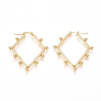 304 Stainless Steel Angular Hoop Earrings, Hypoallergenic Earrings, with Round Beads, Rhombus, Golden, 36.5x31.8x3mm, Pin: 0.5x0.9mm