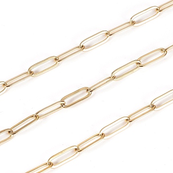 2M Vacuum Plating 304 Stainless Steel Paperclip Chains, Drawn Elongated Cable Chains, Soldered, Golden, 10x3.5x0.8mm