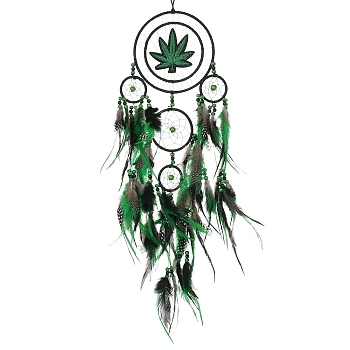 Maple Leaf Woven Net/Web with Feather Hanging Suncatchers, with Polyester & Iron Ring for Outdoor & Garden Decor, Green, 750mm