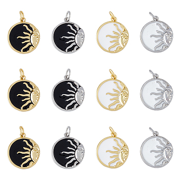 8Pcs 4 Style Rack Plating Brass Enamel Pendants, with Jump Ring, Long-Lasting Plated, Cadmium Free & Lead Free, Flat Round & Sun, Mixed Color, 17.5x15x4mm, Hole: 3mm, 2pcs/style