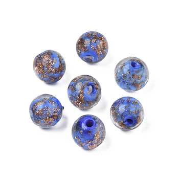 Handmade Gold Sand Lampwork Beads, Round, Royal Blue, 9~10x9~10mm, Hole: 1.5mm
