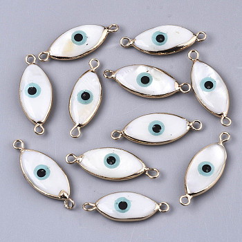 Natural Freshwater Shell Links Connectors, with Brass Loops and Enamel Horse Eye with Evil Eye, Black, Light Gold, Medium Turquoise, 27~28x10x4mm, Hole: 1.8mm