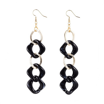 Curb Chain Dangle Earrings, with Aluminum & Acrylic Linking Rings and Brass Earring Hooks, Black, 105mm, Pin: 0.7mm