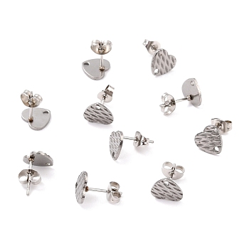 Non-Tarnish 304 Stainless Steel Stud Earring Findings, with Ear Nuts, Textured Heart, Stainless Steel Color, 12x9mm, Hole: 1.4mm, Pin: 0.7mm