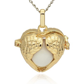 Golden Tone Brass Hollow Heart Cage Pendants, with No Hole Spray Painted Brass Ball Beads, White, 28x30x16mm, Hole: 3x8mm