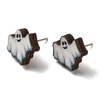 Wood Stud Earrings, with 316 Surgical Stainless Steel Pin, Halloween Theme, White, Ghost, 14x15mm