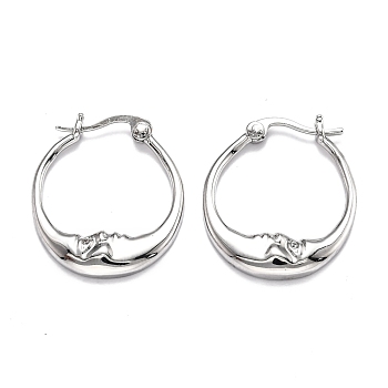 Brass Micro Pave Clear Cubic Zirconia Hoop Earrings, Ring with Moon, Real Platinum Plated, 22x19.5x3mm, Pin: 0.7mm