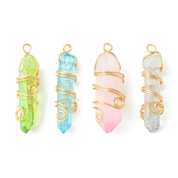 4Pcs 4 Colors Electroplated Natural Quartz Crystal Pendants, with Light Gold Plated Copper Wire Wrapped Faceted Bullet Charms, Mixed Color, 35.5~36.5x8.5~13x8~12mm, Hole: 2.3mm, 1pc/color
