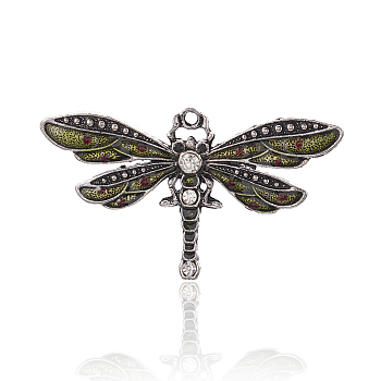 Alloy Enamel Big Pendants, Dragonfly, with Rhinestone, Antique Silver, Yellow, 42x72x4mm, Hole: 2mm