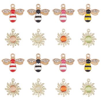 CHGCRAFT 32Pcs 8 Style Sun Alloy Glass Pendants, with Bees Alloy Enamel Charms, with Cubic Zirconia, Mixed Color, 4pcs/Style