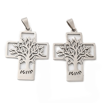 201 Stainless Steel Pendants, Laser Cut, Cross with Tree of Life Charm, Stainless Steel Color, 34x26x1mm, Hole: 7x3.5mm