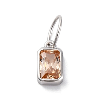 925 Sterling Silver Cubic Zirconia Charms, Colours, Rectangle, Light Salmon, 8x5x2mm, Hole: 5x3mm