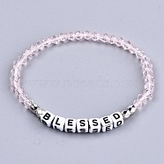 Faceted Bicone Glass Beads Stretch Bracelets, Inspirational Bracelets, with Cube Acrylic Letter Beads, Word Blessed, Pink, Inner Diameter: 2-1/8 inch(5.3cm)(BJEW-T016-01E)