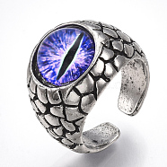 Alloy Glass Cuff Finger Rings, Wide Band Rings, Dragon Eye, Antique Silver, Blue Violet, Size 9, 19mm(RJEW-T006-04B)