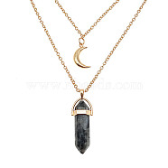 Natural Labradorite Cone Pendant Double Layer Necklace, with Moon Charms, 19.69 inch(50cm)(UX9990-1)