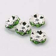 Rhinestone Spacer Beads, Grade A, Green Rhinestone, Silver Color Plated, Nickel Free, about 6mm in diameter, 3mm thick, hole: 1mm(RSB028NF-10)