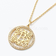 Brass Micro Pave Clear Cubic Zirconia Pendant Necklaces, Flat Round with Letter, Real 18K Gold Plated, Letter.B, 16.14~17.20 inch(41~43.7cm)(NJEW-J059-01B)