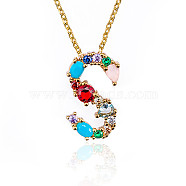Brass Micro Pave Cubic Zirconia Initial Pendants Necklaces, with Cable Chains, Letter, Letter.S, 17.9~18.1 inch(45.5~46cm)x1.5mm, LetterS: 20x12x6mm(NJEW-S069-JN002-S)
