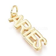 Brass Pendants, with Jump Rings, Long-Lasting Plated, Constellation/Zodiac Sign, Word, Aries, 21x6x2mm, Hole: 3.5mm(X-ZIRC-I048-15G-03)