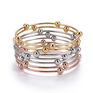Fashion Tri-color 304 Stainless Steel Bangle Sets, with Round Beads, Multi-color, 2-1/8 inch(5.5cm), 7pcs/set(BJEW-L664-023A-M)