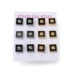 6 Pair 2 Color Square & Flower Acrylic Stud Earrings, 304 Stainless Steel Earrings, Golden & Stainless Steel Color, 10x10mm, 3 Pair/color(EJEW-A024-08)