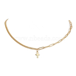 304 Stainless Steel Cross Pendant Necklaces, with Brass Paperclip & Curb Chains, Golden, 17.76 inch(45.1cm)(NJEW-JN04617)