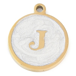 Ion Plating(IP) 201 Stainless Steel Pendants, with White Enamel, Real 18K Gold Plated, Flat Round with Letter, Letter J, 18.5x15.5x2mm, Hole: 1.6mm(STAS-K288-02G-J)