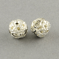 Silver Color Plated Brass Rhinestone Round Beads, Grade A, Crystal, 8mm, Hole: 1mm(RB-R031-35)