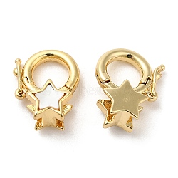 Rack Plating Brass Twister Clasps, with Shell, Cadmium Free & Lead Free, Real 18K Gold Plated, Long-Lasting Plated, Star, 13.5mm, Star: 7x7.5x5.5mm, Hole: 3x3mm(KK-C025-01C-G)