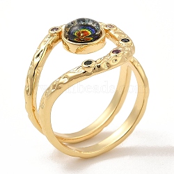Resin Evil Eye Open Cuff Ring with Cubic Zirconia, Real 18K Gold Plated Brass Wire Wrap Jewelry for Women, Colorful, Inner Diameter: 18mm(RJEW-E069-02G-04)