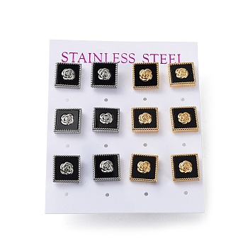 6 Pair 2 Color Square & Flower Acrylic Stud Earrings, 304 Stainless Steel Earrings, Golden & Stainless Steel Color, 10x10mm, 3 Pair/color