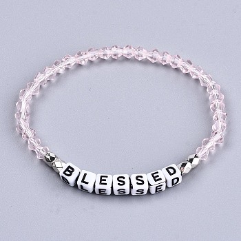 Faceted Bicone Glass Beads Stretch Bracelets, Inspirational Bracelets, with Cube Acrylic Letter Beads, Word Blessed, Pink, Inner Diameter: 2-1/8 inch(5.3cm)